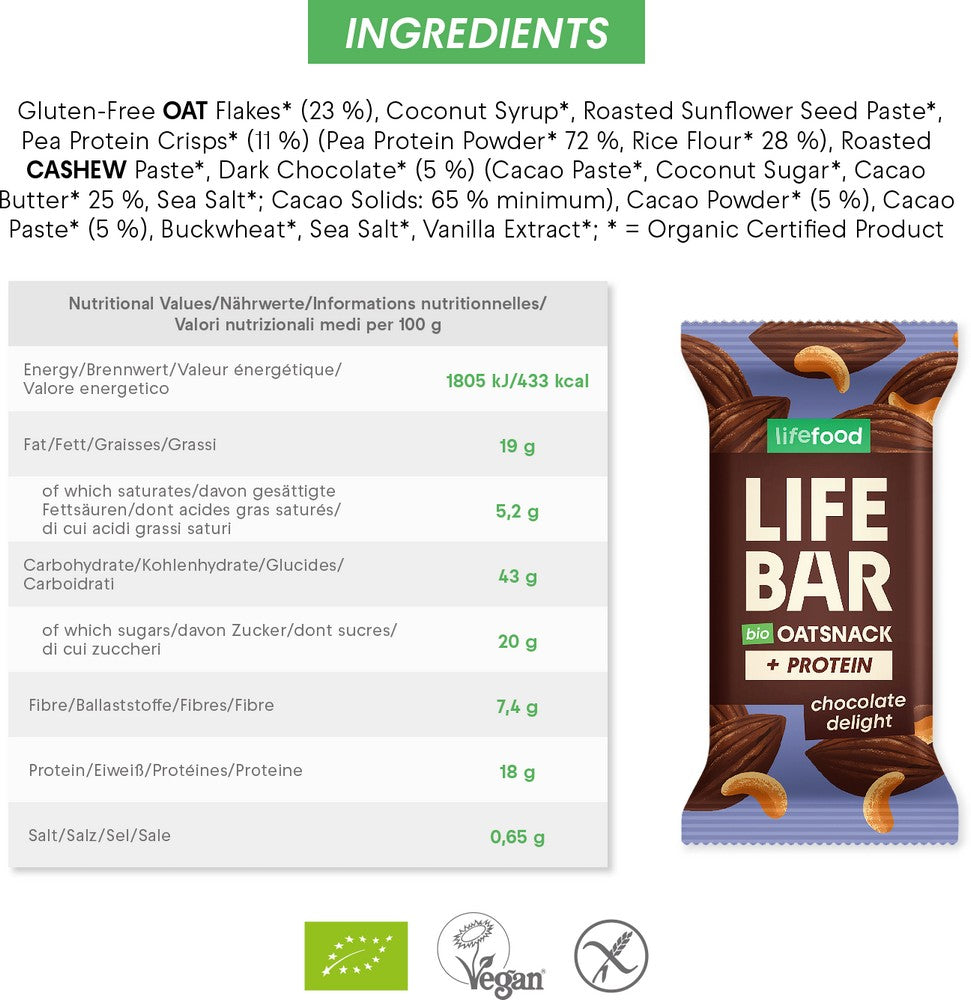 Organic Lifebar Oat Snack Protein Chocolate Delight 40g x 15 Organic Lifebar Oat Snack Protein Chocolate Delight 40g x 15