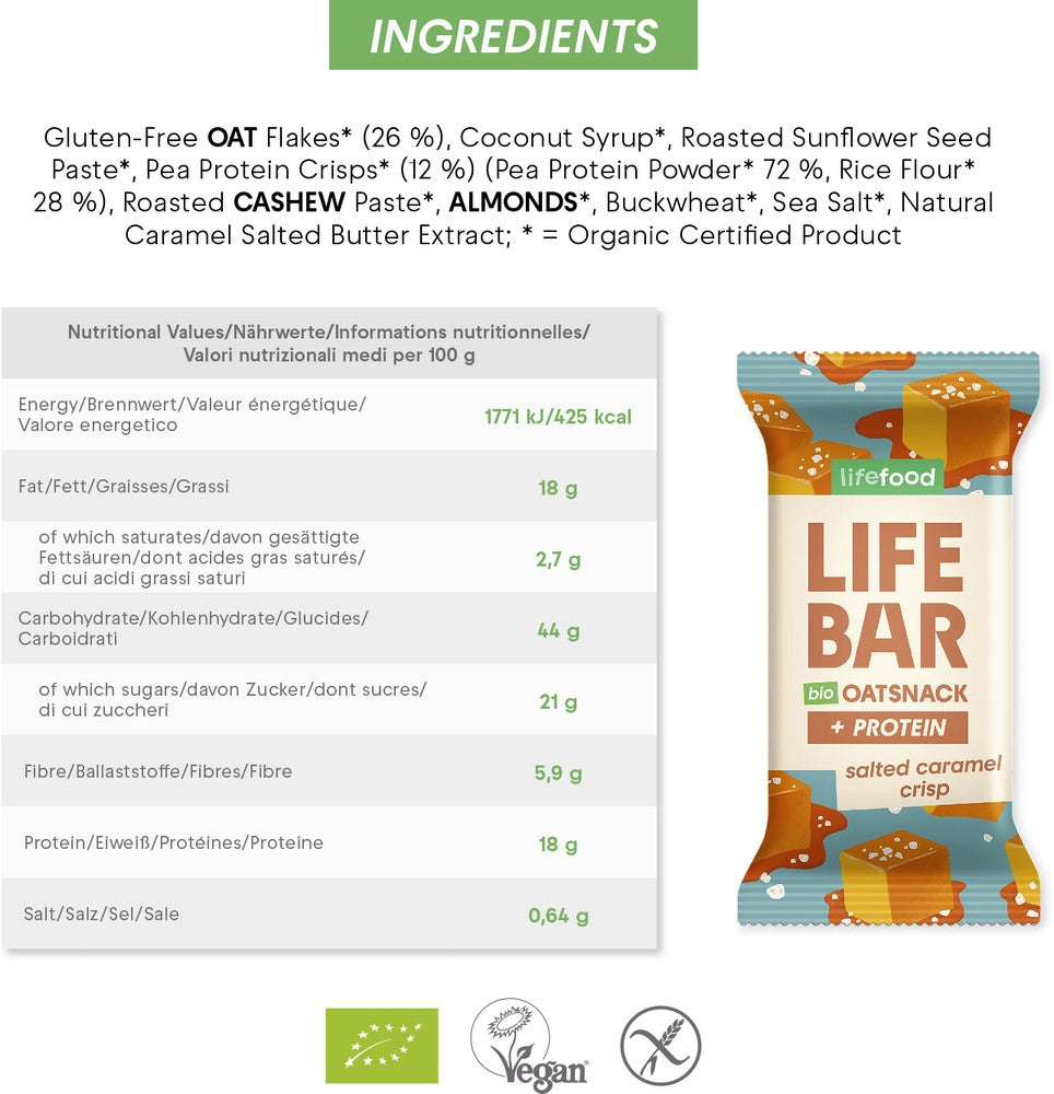 Organic Lifebar Oat Snack Protein Salted Caramel Crisp 40g x 15 