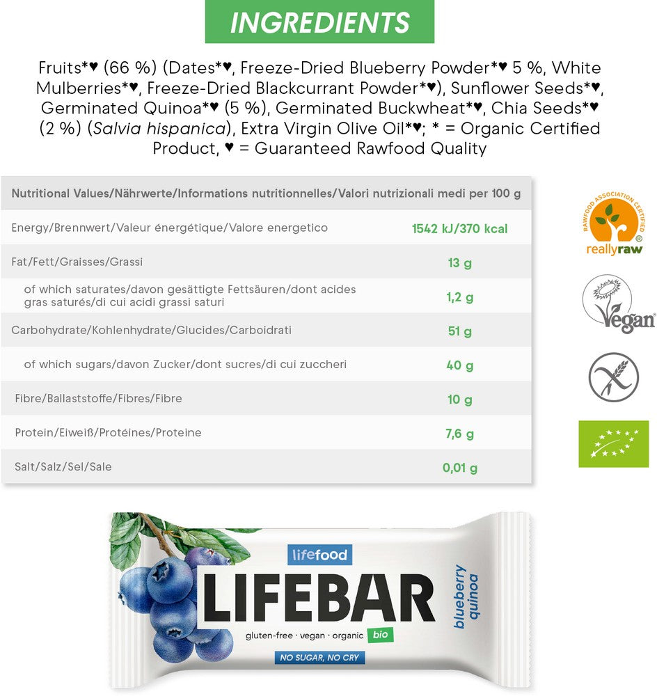 Organic Lifebar Blueberry Quinoa RAW 40g x 15